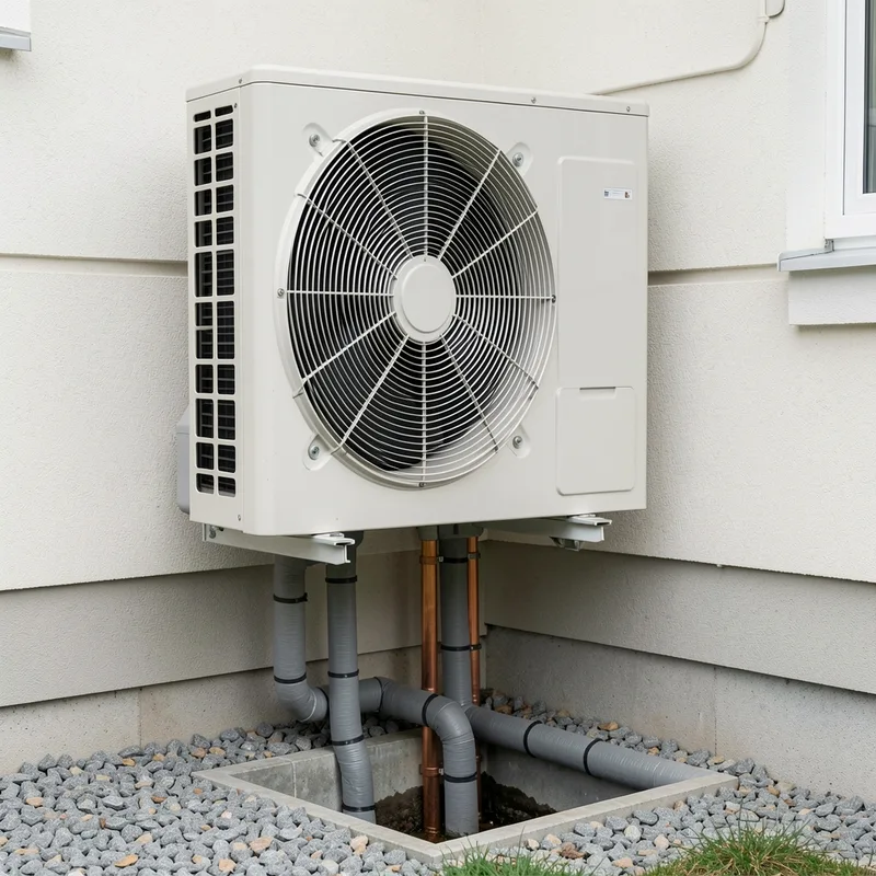Groupe extérieur de pompe à chaleur air-eau installé le long d&rsquo;une façade de maison