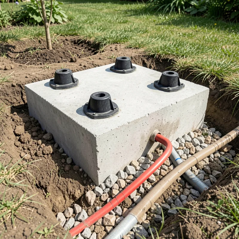 Socle béton et plots antivibratiles préparés pour recevoir une unité extérieure
