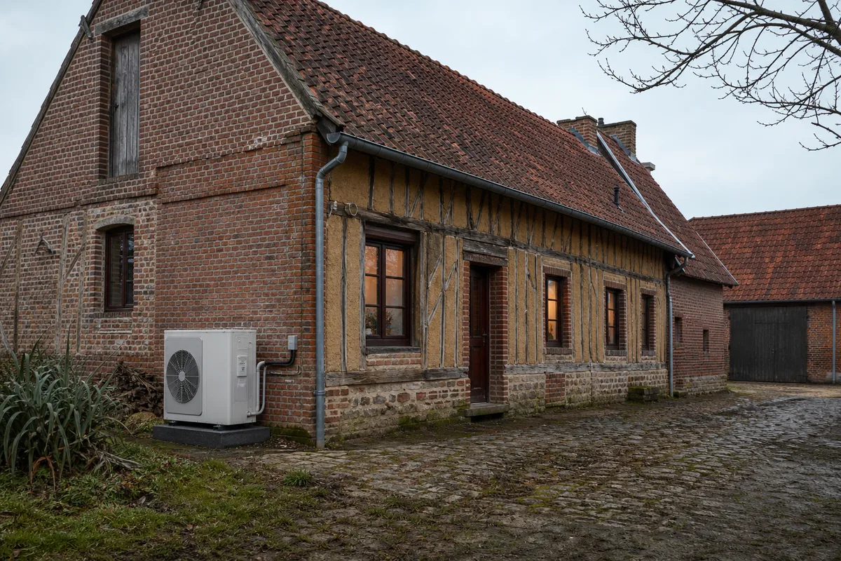 Ferme traditionnelle du Ternois en torchis et brique sous un ciel d’hiver