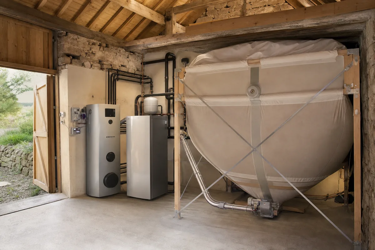 Silo à granulés de bois aménagé dans la dépendance d’une ferme rénovée