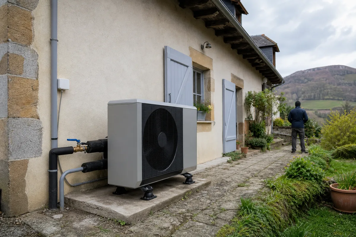 Installation d&rsquo;une pompe à chaleur air-eau devant une maison rurale du Béarn