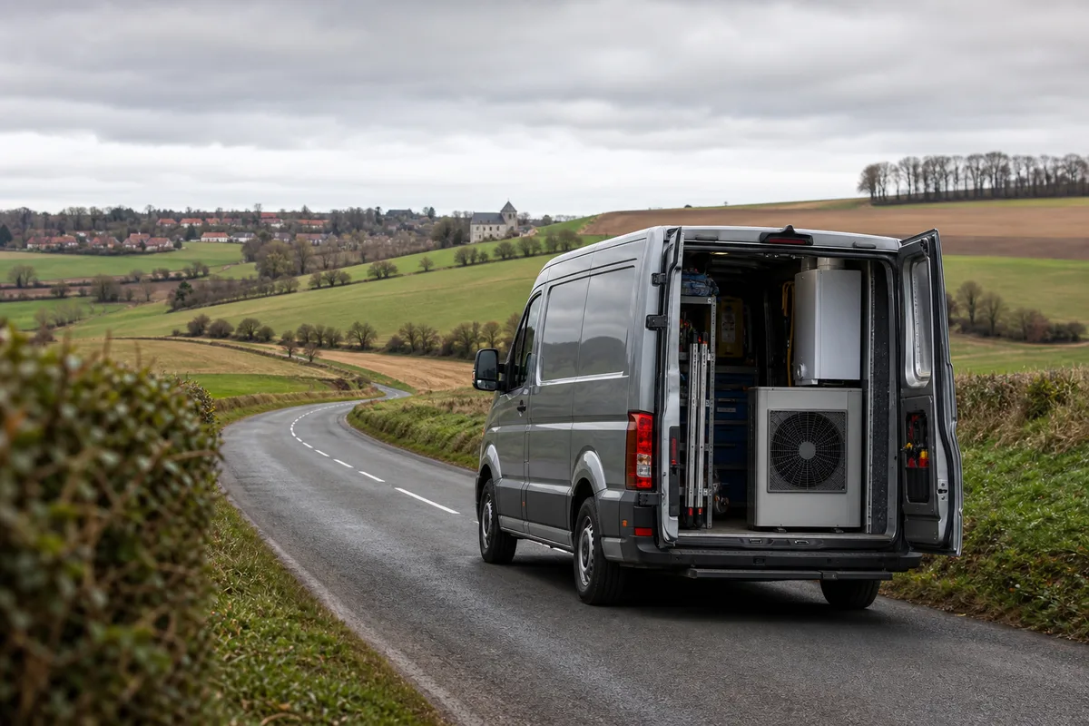 Fourgon d&rsquo;artisan sur une route de campagne venteuse de l&rsquo;Artois