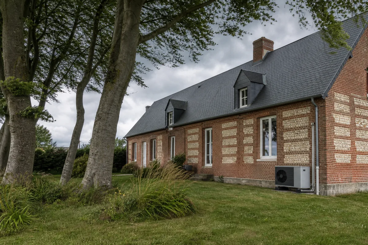 Longère cauchoise en brique et silex entourée de hêtres sous un ciel venteux