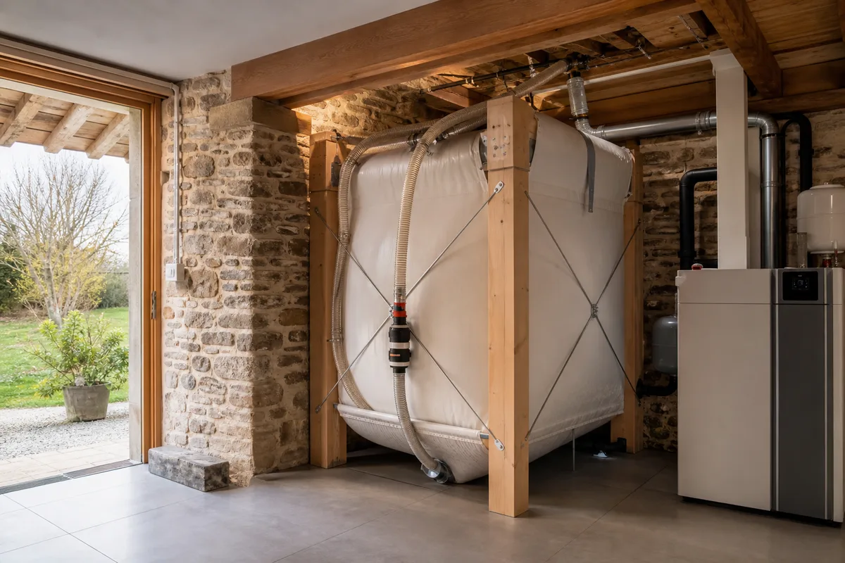 Silo textile à granulés installé dans une ancienne dépendance agricole rénovée