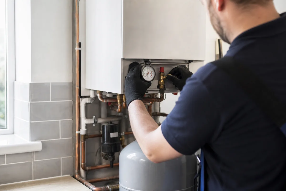 Technicien contrôlant la pression d&rsquo;une chaudière murale gaz