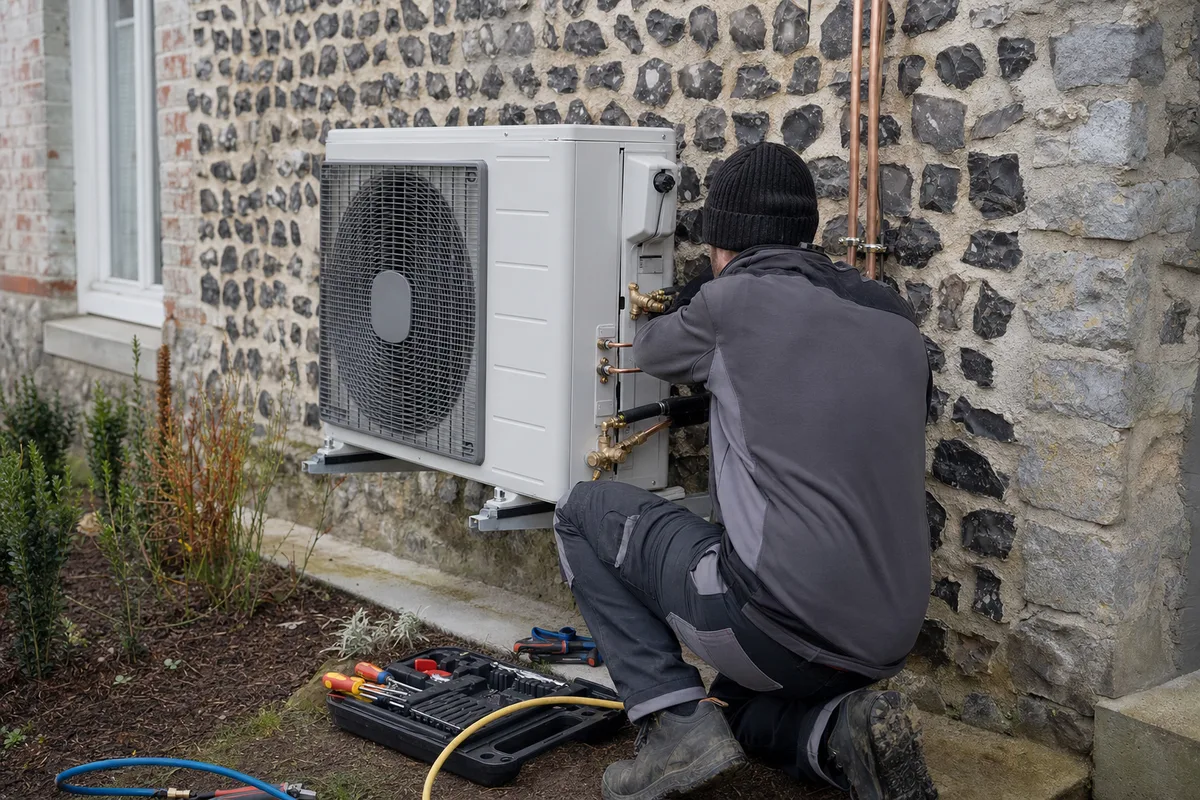 Technicien installant une pompe à chaleur contre un mur de silex normand