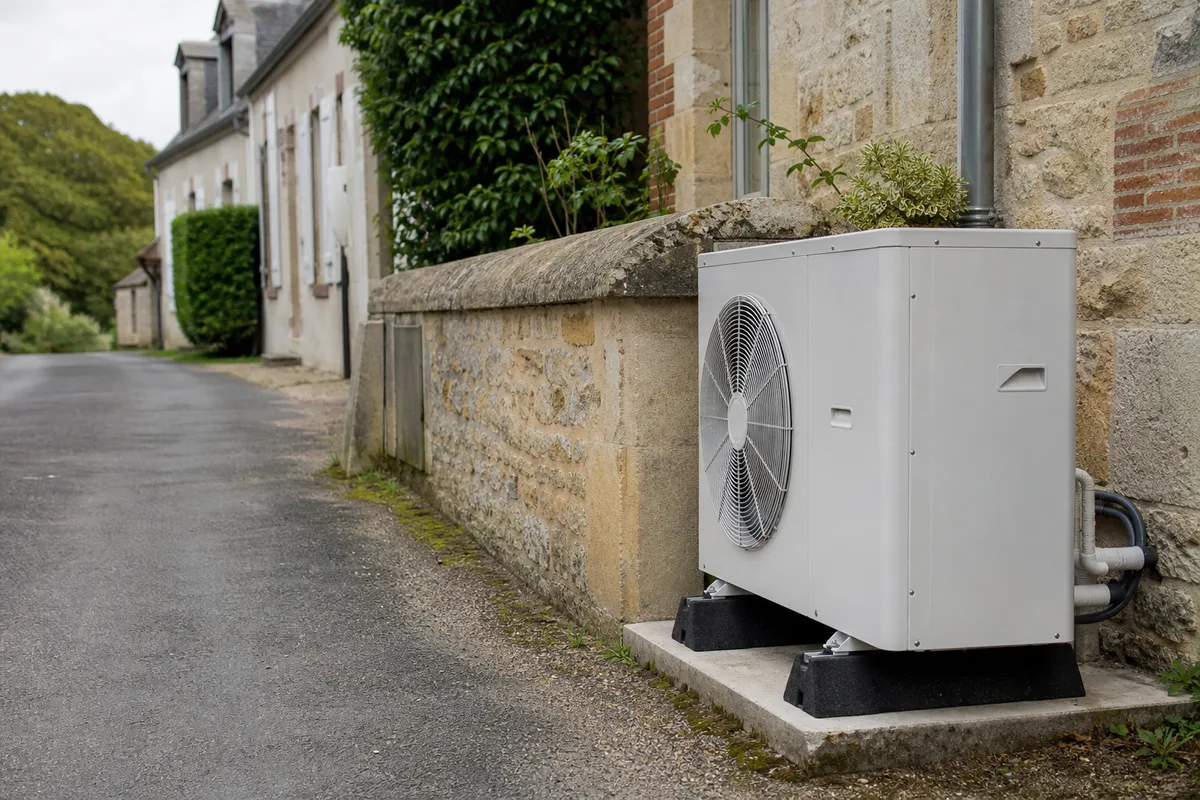 Unité extérieure de pompe à chaleur posée sur plots à l&rsquo;abri d&rsquo;un muret, ruelle normande