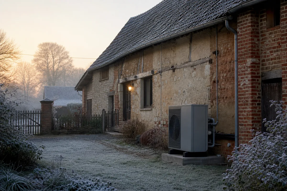 Ferme du Ternois en torchis et brique sous le givre au petit matin