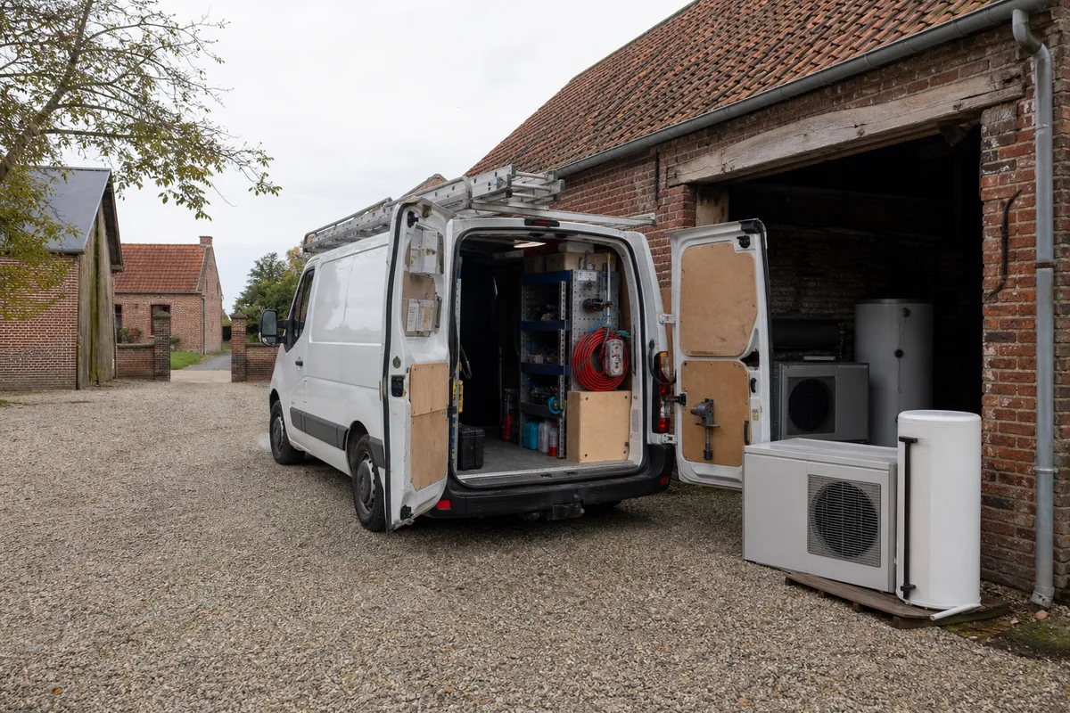 Camionnette d’artisan chauffagiste garée dans la cour d’une ferme rurale du Pas-de-Calais